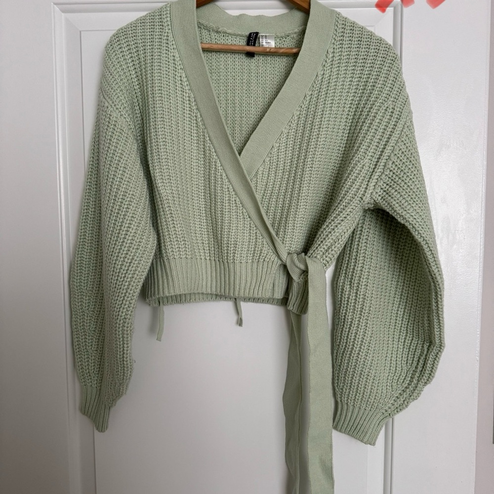 Wrap tie pastel green knit sweater
